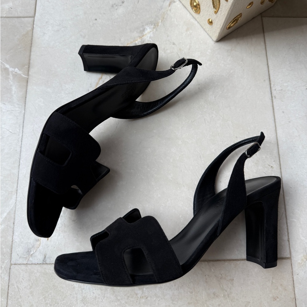 HERMES ETERNITE 80 SANDALS BLACK SUEDE LEATHER HIGH HEELS SLINGBACK SHOES 38